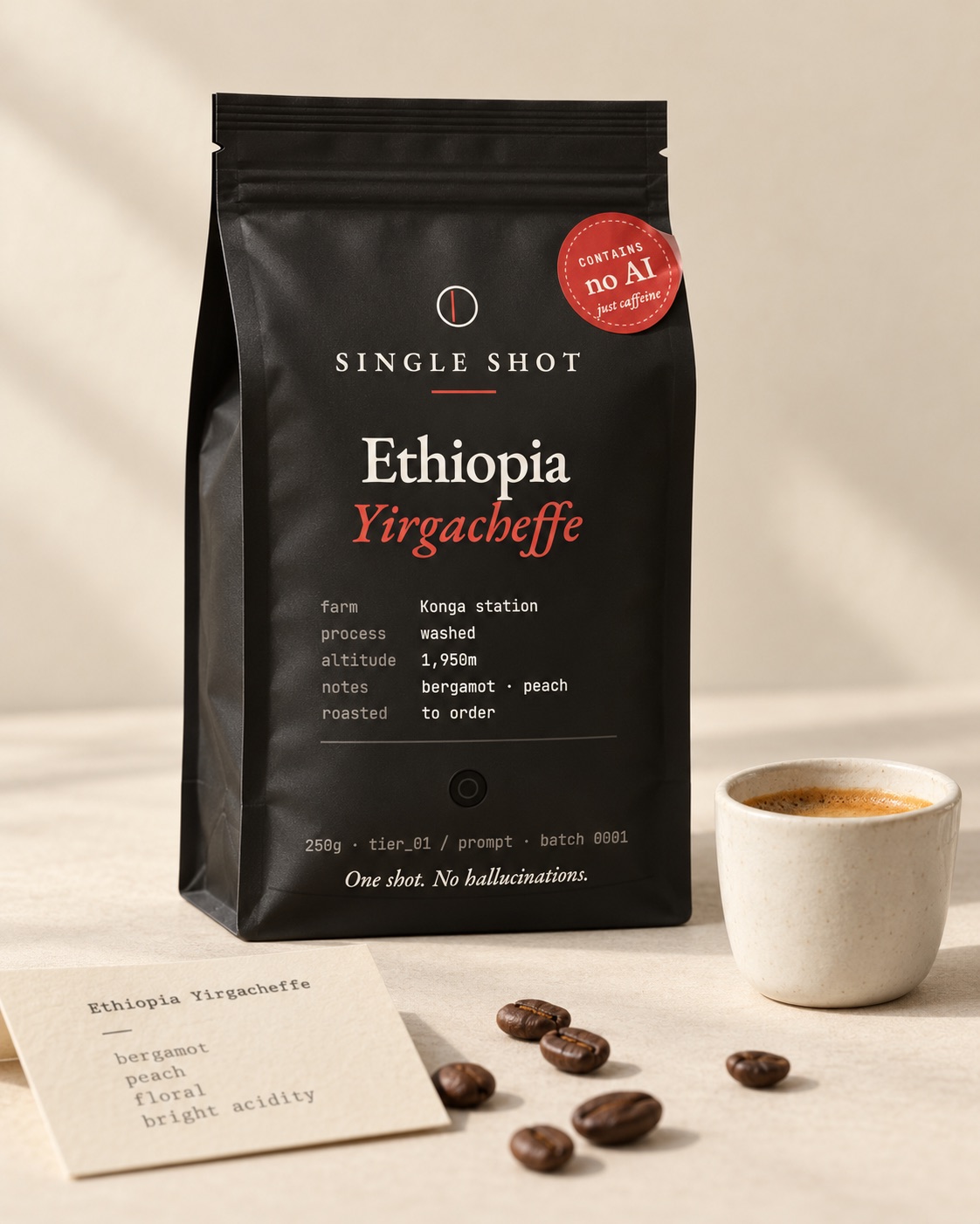 A matte black Single Shot bag of Ethiopia Yirgacheffe with a red 'Contains no AI' sticker, beside an espresso, a tasting card and a few beans.