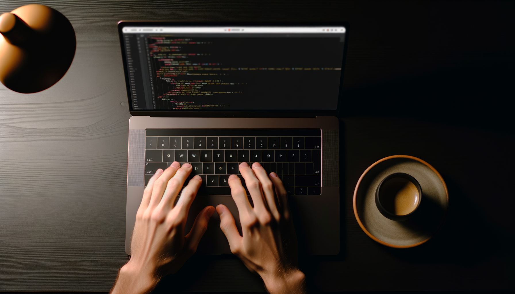 Person working at a laptop with a single espresso, minimal dark workspace