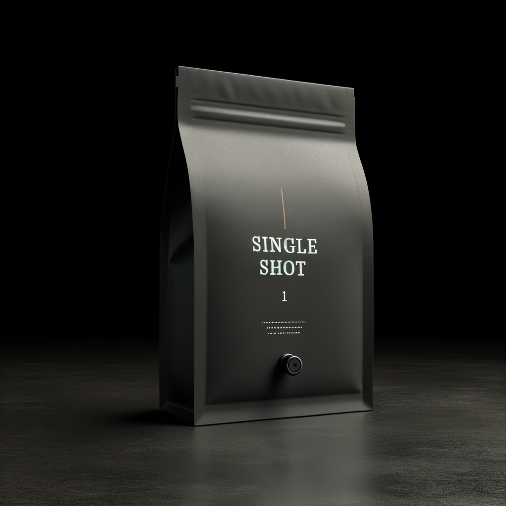 Single Shot premium coffee bag, minimal dark packaging